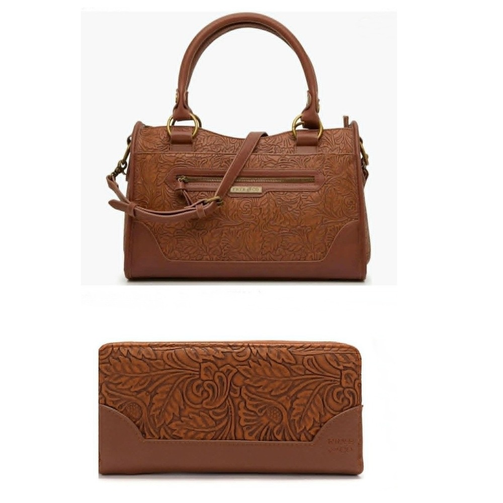 NWT Frye Matching Shoulder Bag & Wallet Floral Embossed Cognac Faux Leather Set